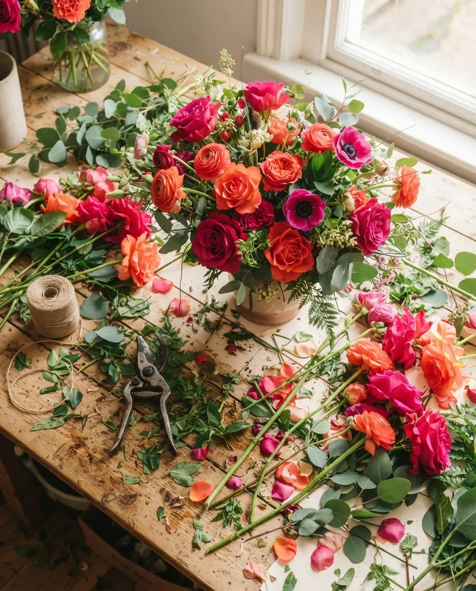 A florist's worktable mid-arrangement, scattered with magenta and coral flower heads, stems, twine and clippers