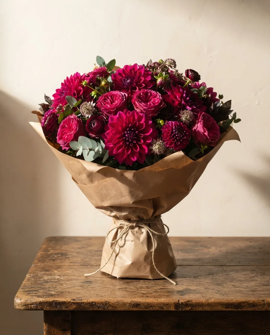 A dense hand-tied bouquet of deep magenta dahlias and garden roses in kraft wrap on a worn table
