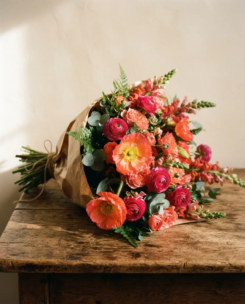 A coral and magenta bouquet of poppies, ranunculus and sweet pea spilling sideways out of its paper wrap