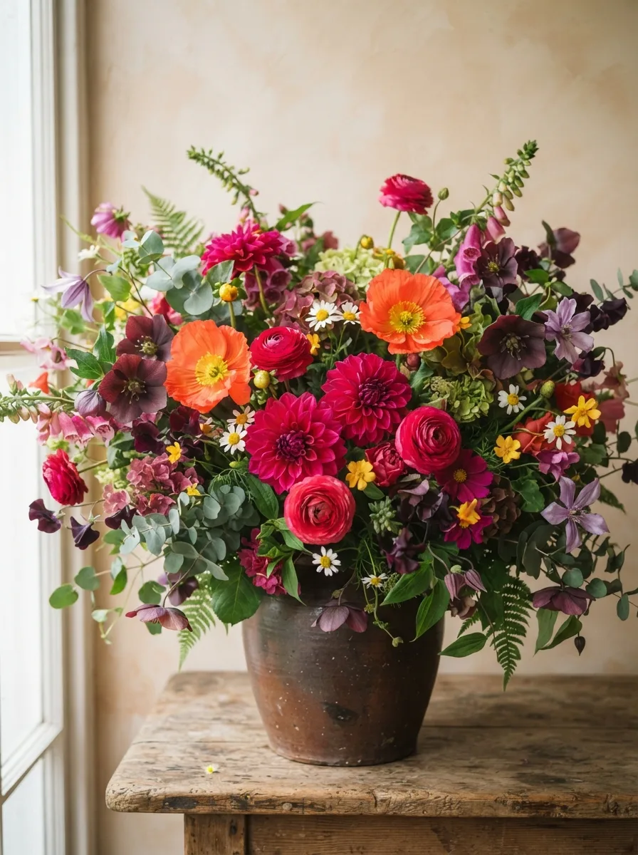 An overflowing garden arrangement in a rough terracotta pot — magenta dahlias, coral poppies, plum hellebores, eucalyptus and fern